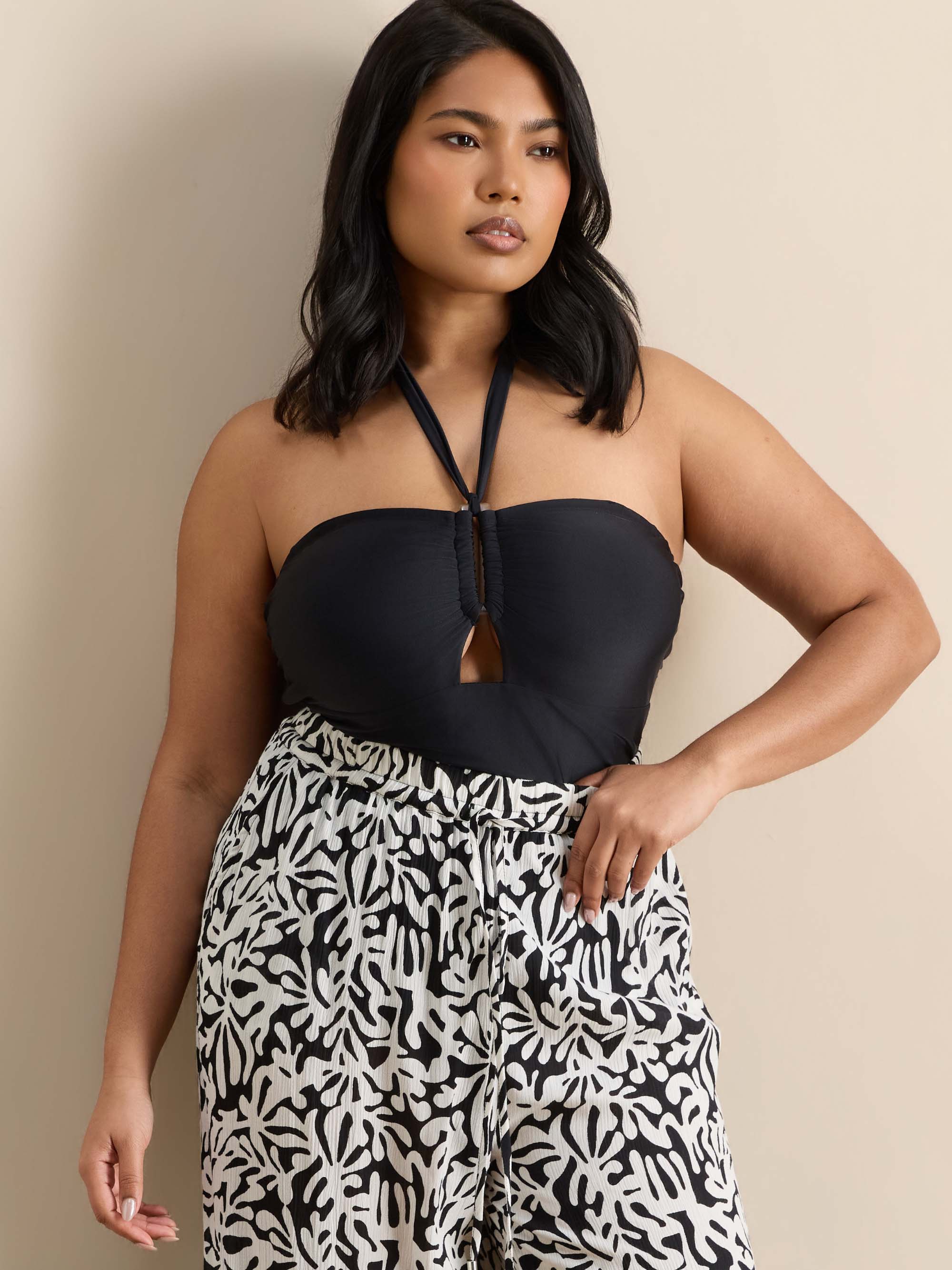 Plus Size Black Tie Neck Swimsuit