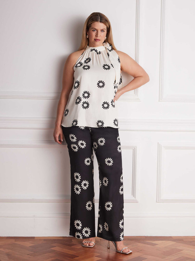 Plus size black floral print straight leg trousers