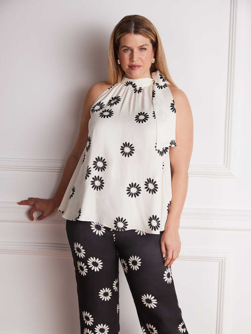 Plus size white floral print halter neck top with bow detail