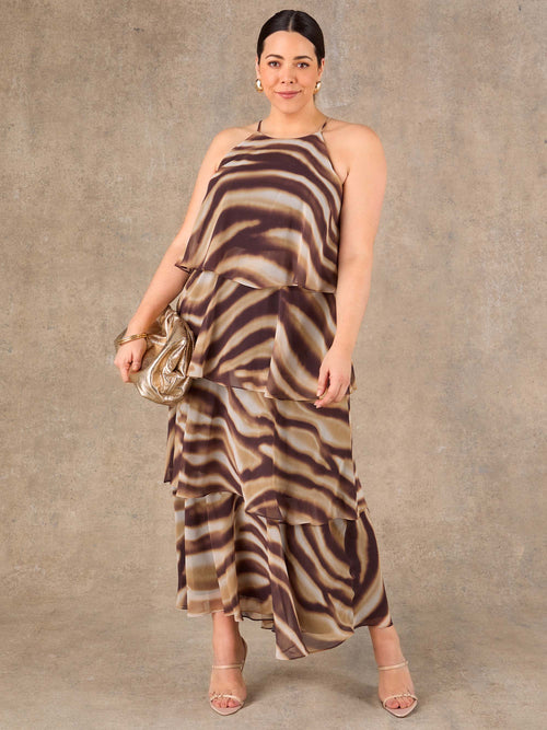 Curve brown chiffon halterneck maxi dress with layered tiered skirt