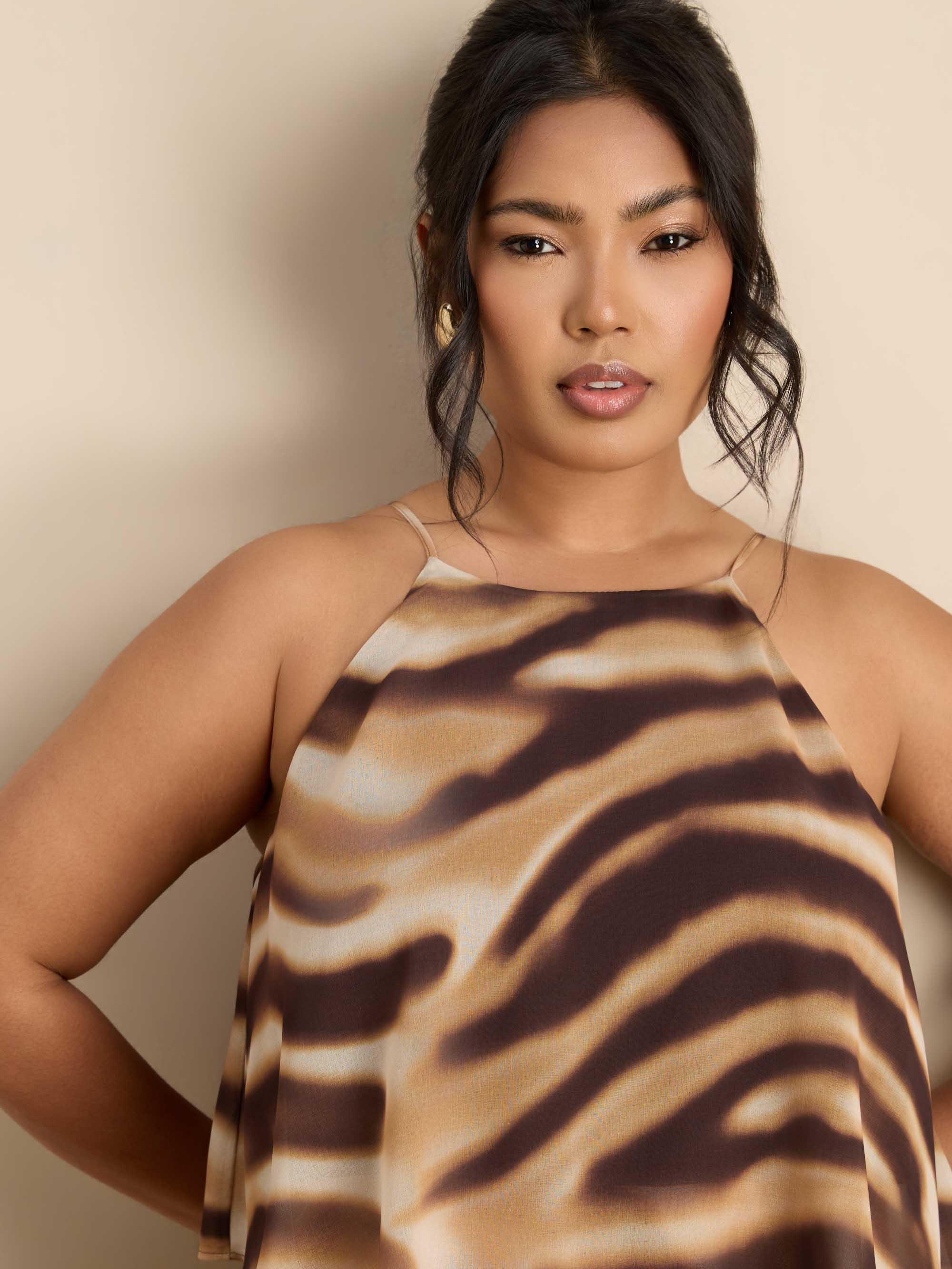 Brown Abstract Print Halter Tiered Maxi Dress Occasionwear Plus Size Dresses
