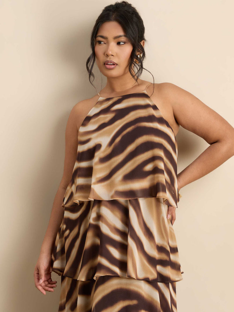 Brown Abstract Print Halter Tiered Maxi Dress Occasionwear Plus Size Dresses