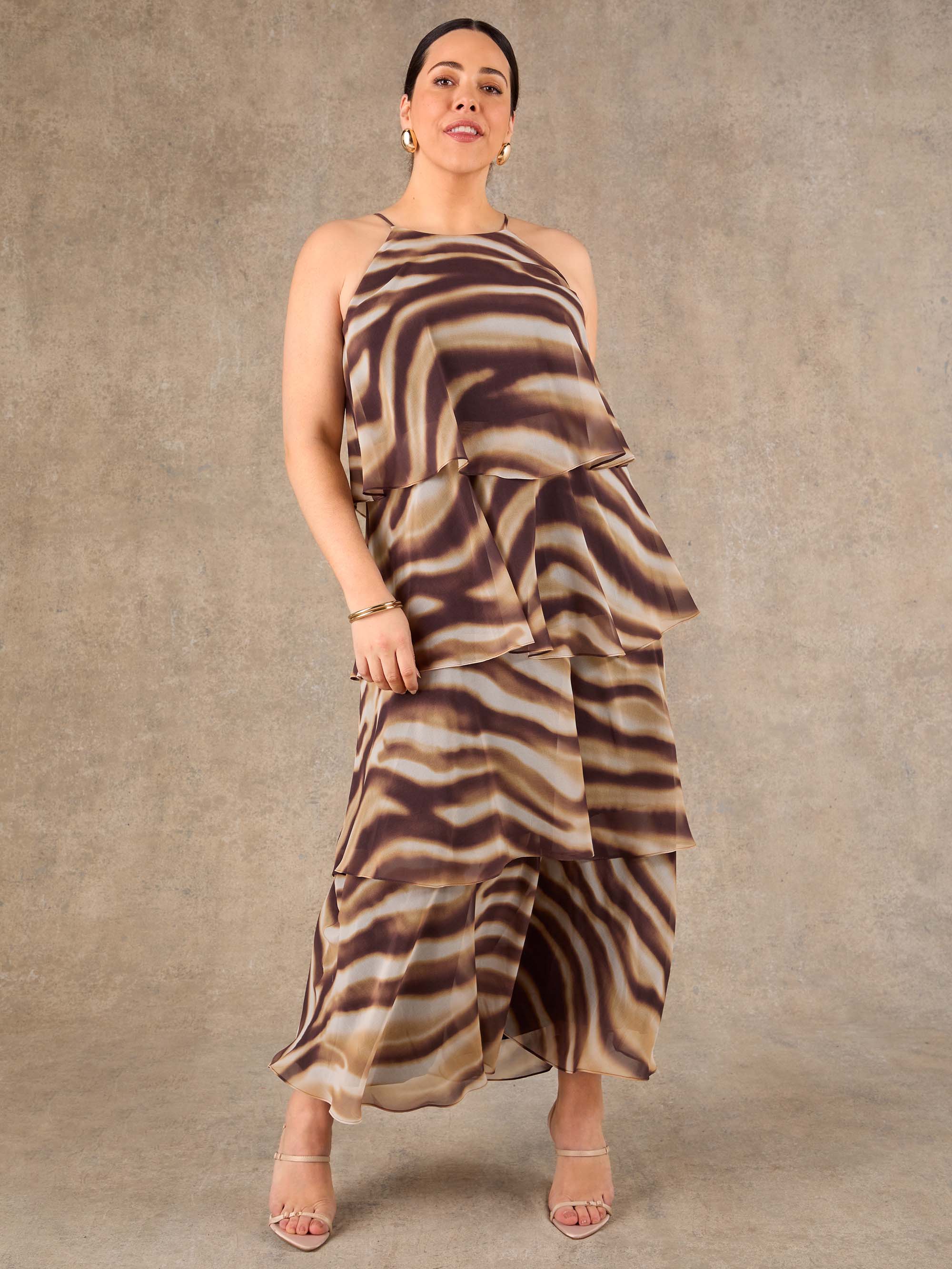 Curve fit brown abstract print occasion maxi dress with lightweight chiffon layers