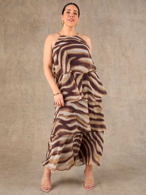 Curve fit brown abstract print occasion maxi dress with lightweight chiffon layers