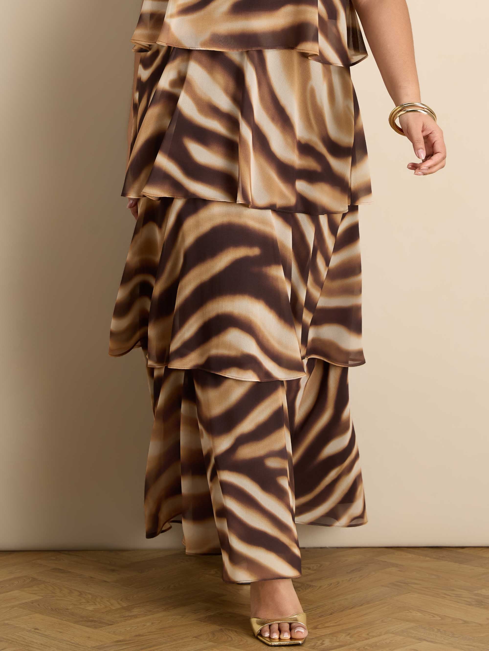 Brown Abstract Print Halter Tiered Maxi Dress Occasionwear Plus Size Dresses