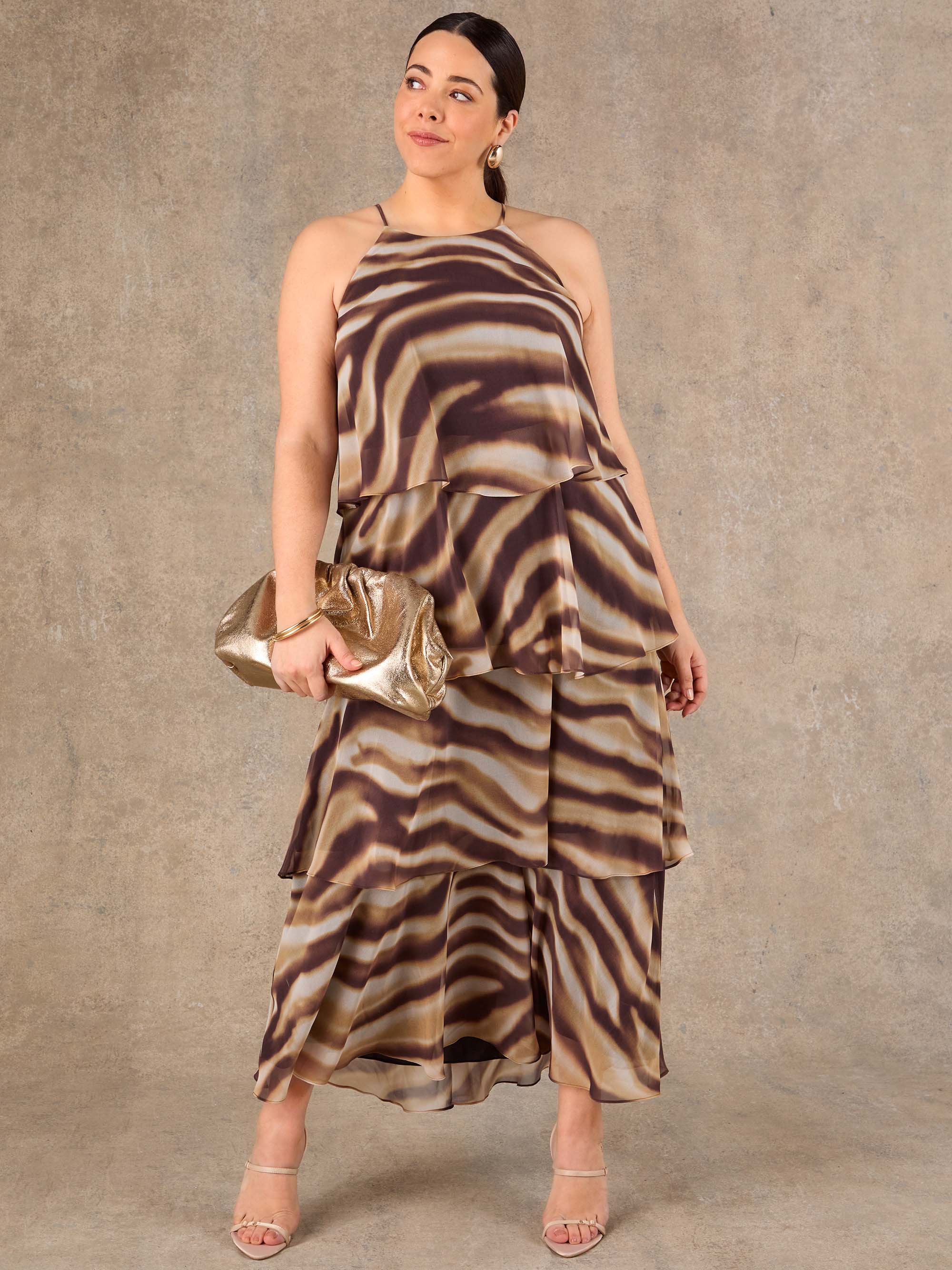 Brown Abstract Print Halter Tiered Maxi Dress
