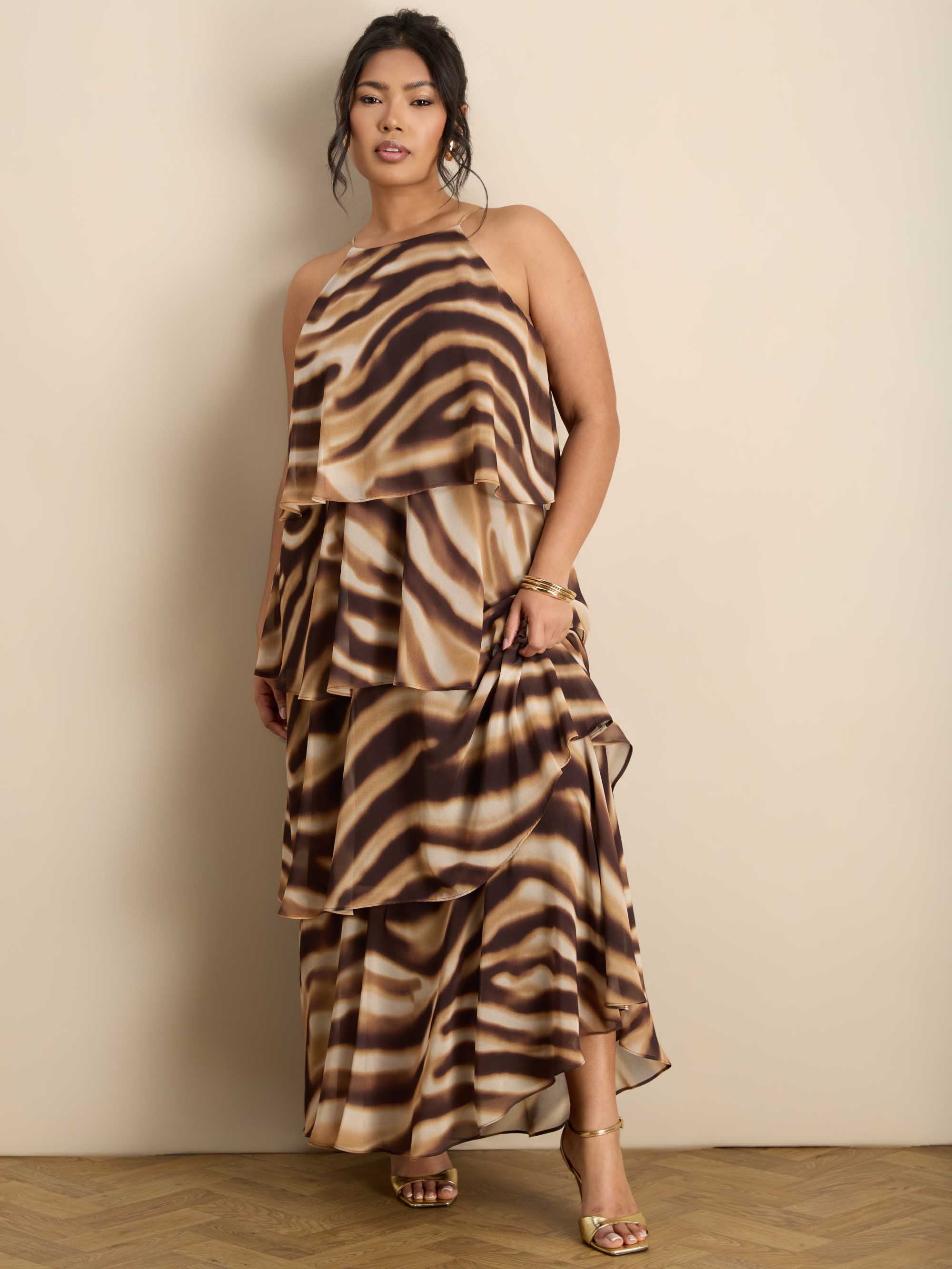 Brown Abstract Print Halter Tiered Maxi Dress Occasionwear Plus Size Dresses