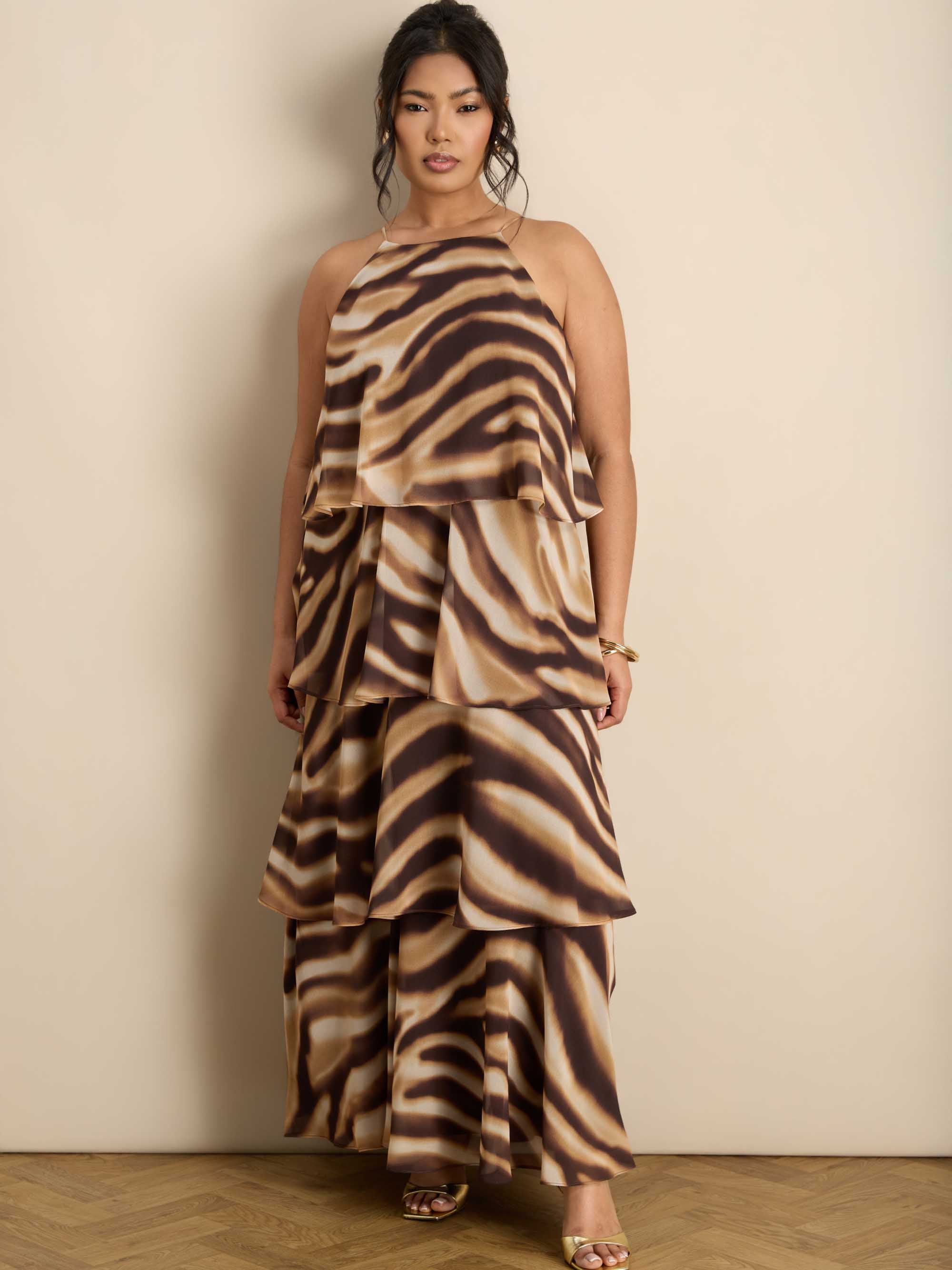 Brown Abstract Print Halter Tiered Maxi Dress Occasionwear Plus Size Dresses