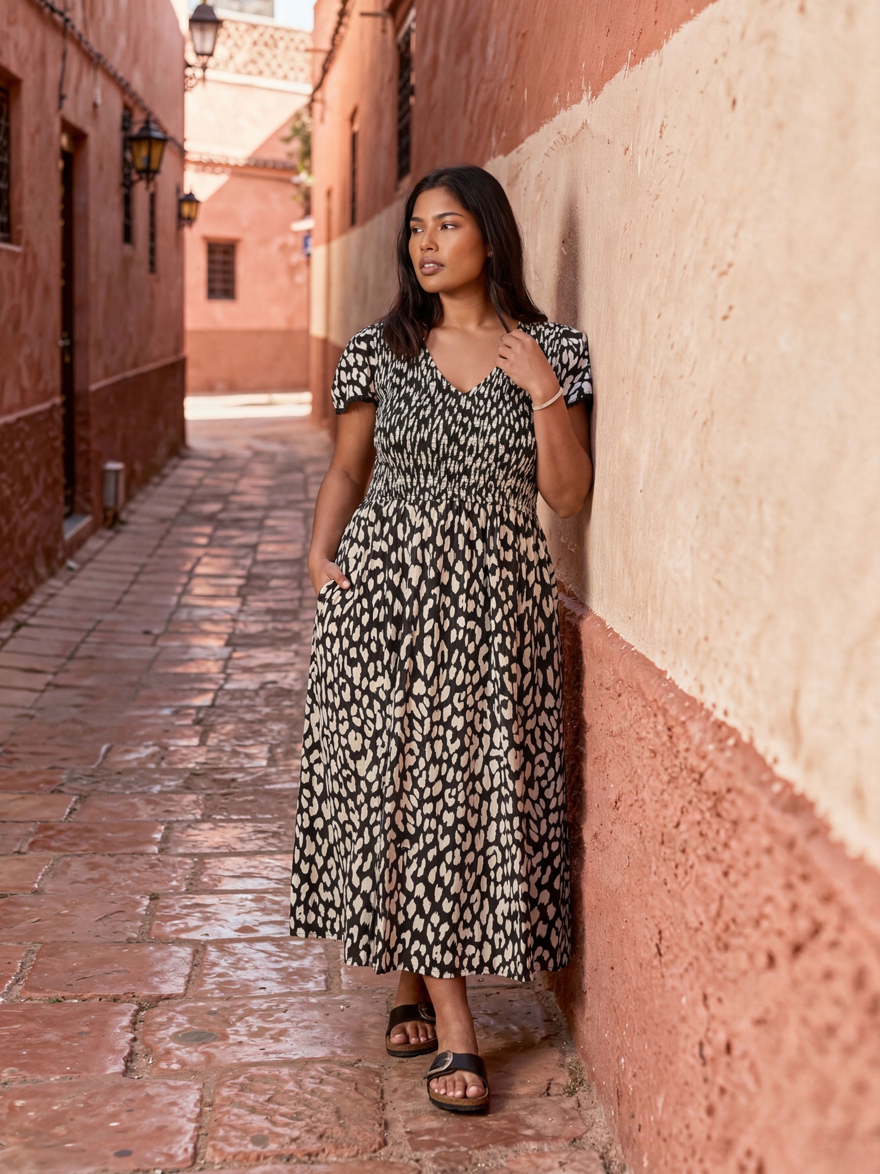 shirred cotton midi dress Warehouse Women's Cotton Shirred Square Neck Midi Dress in Black