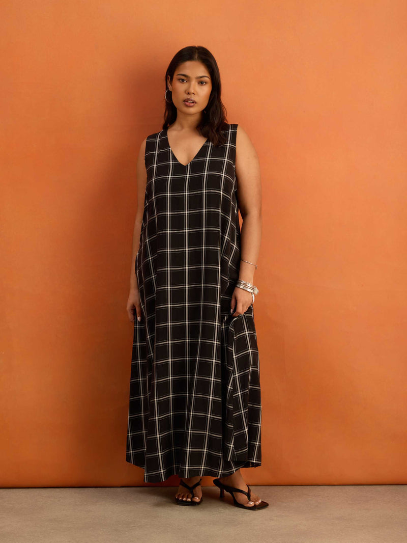 Black Check V Neck Maxi Dress