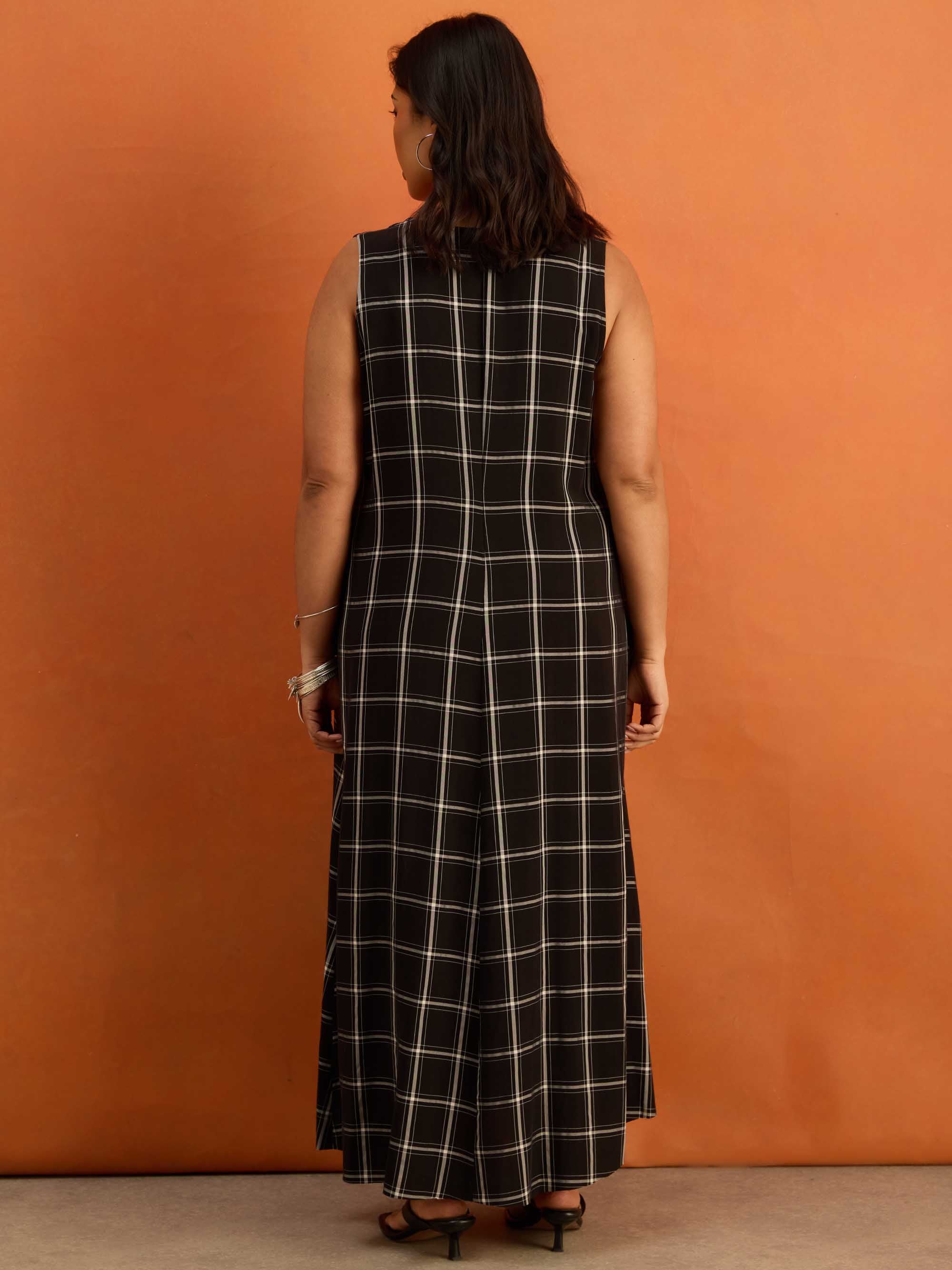 Black Check V Neck Maxi Dress
