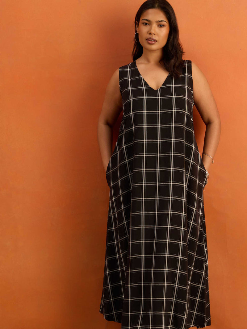 Black Check V Neck Maxi Dress