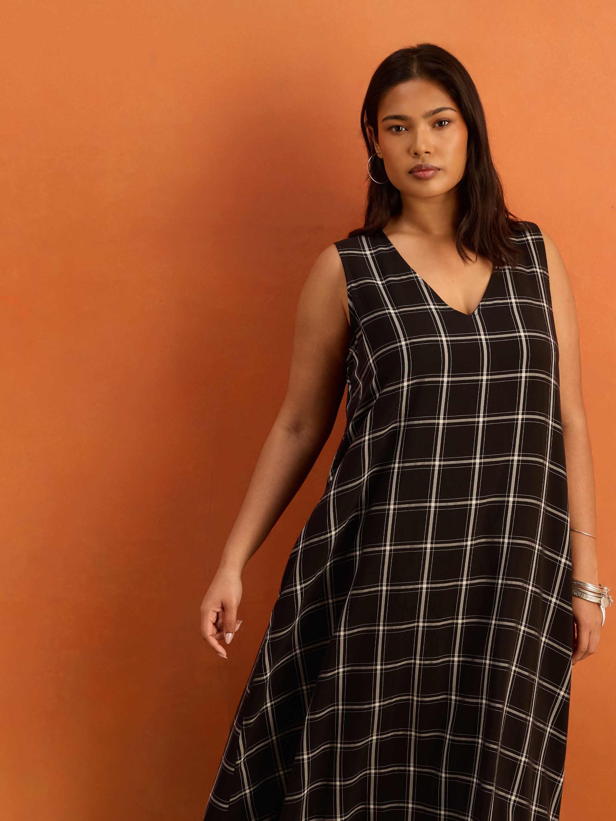 Black Check V Neck Maxi Dress