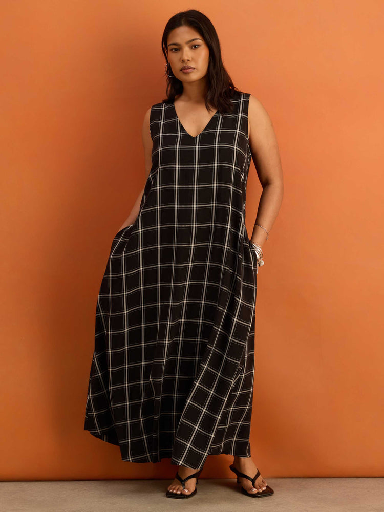 Black Check V Neck Maxi Dress