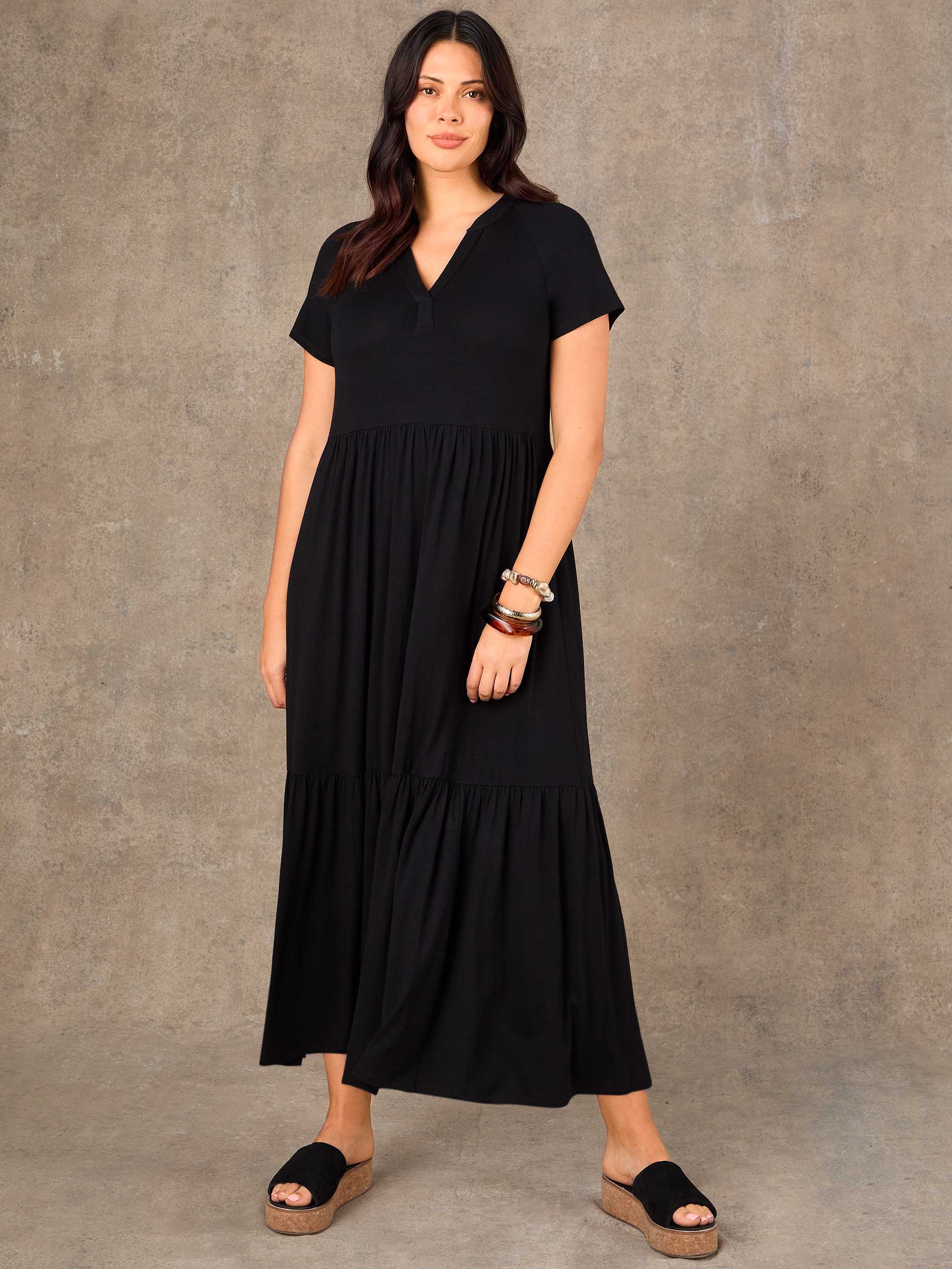 Plus size black Nehru collar tiered maxi dress