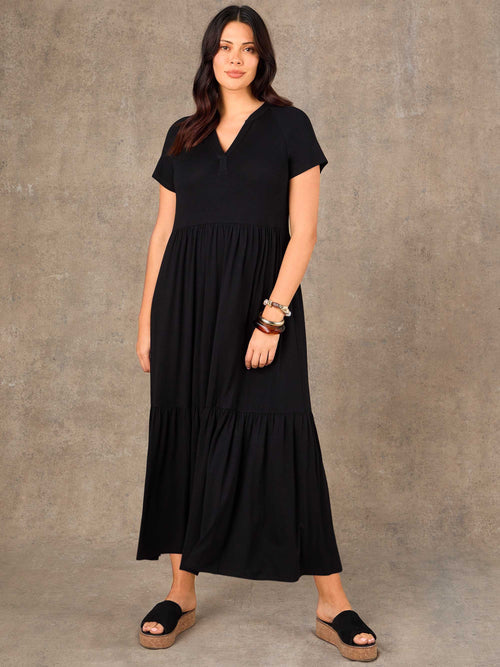 Plus size black Nehru collar tiered maxi dress