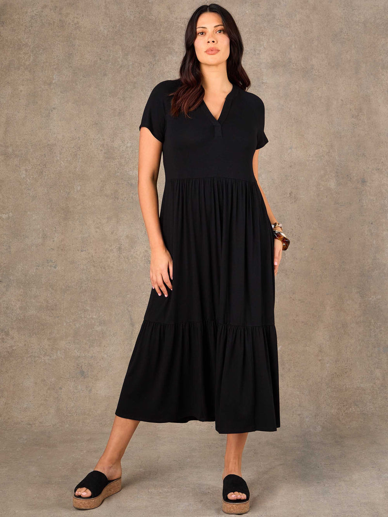 Plus size black Nehru collar maxi dress full length