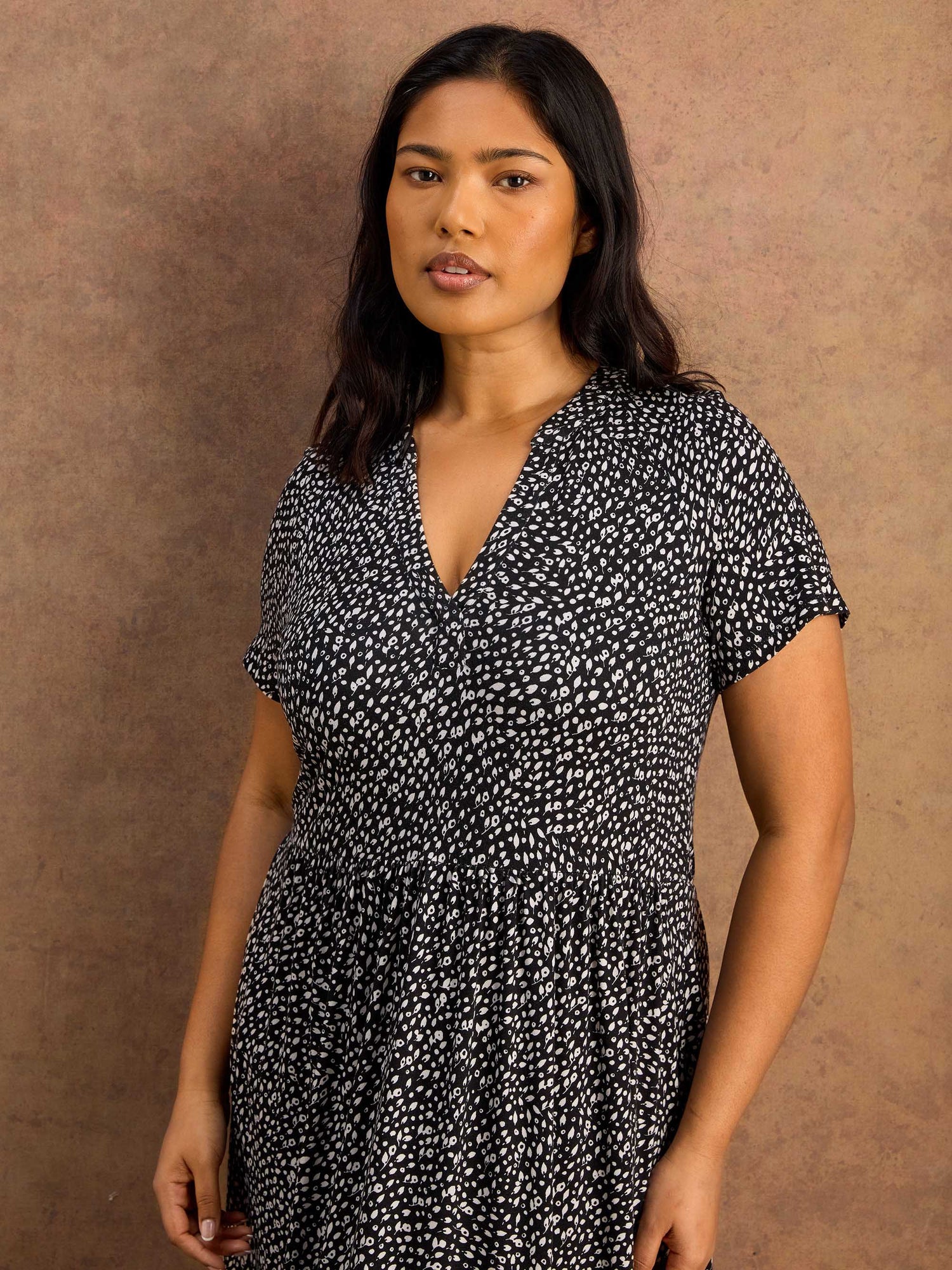 Black Ditsy Print Nehru Collar Tiered Jersey Maxi Dress