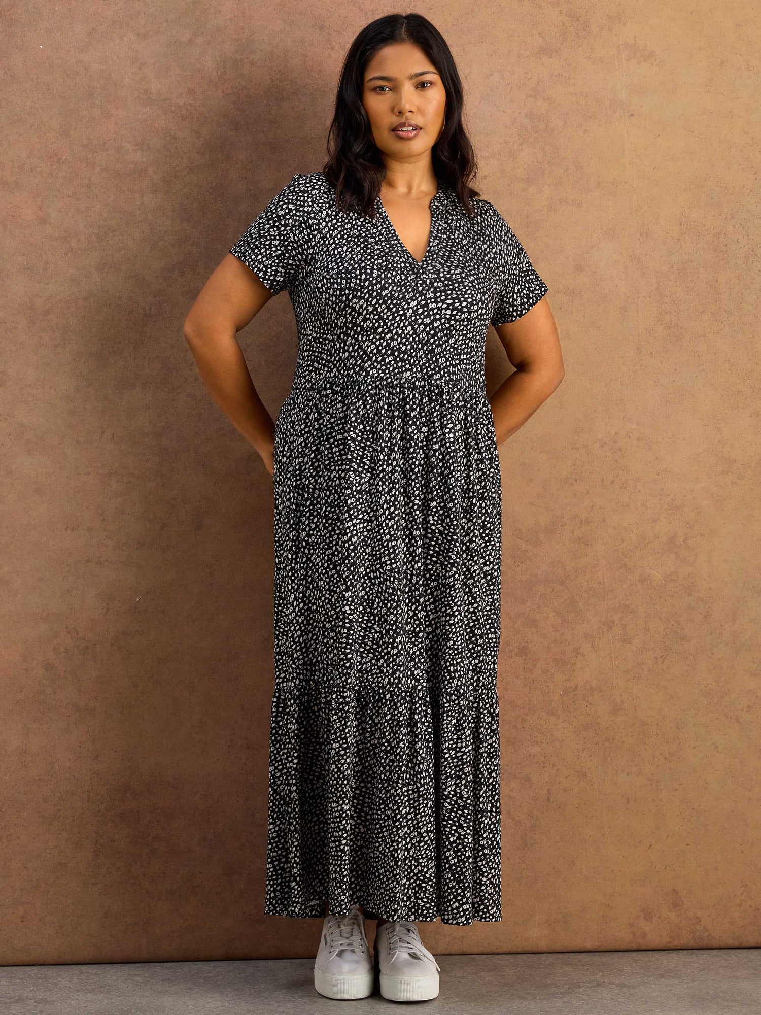 Black Ditsy Print Nehru Collar Tiered Jersey Maxi Dress