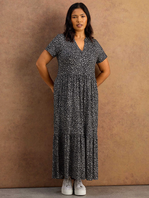 Black Ditsy Print Nehru Collar Tiered Maxi Dress
