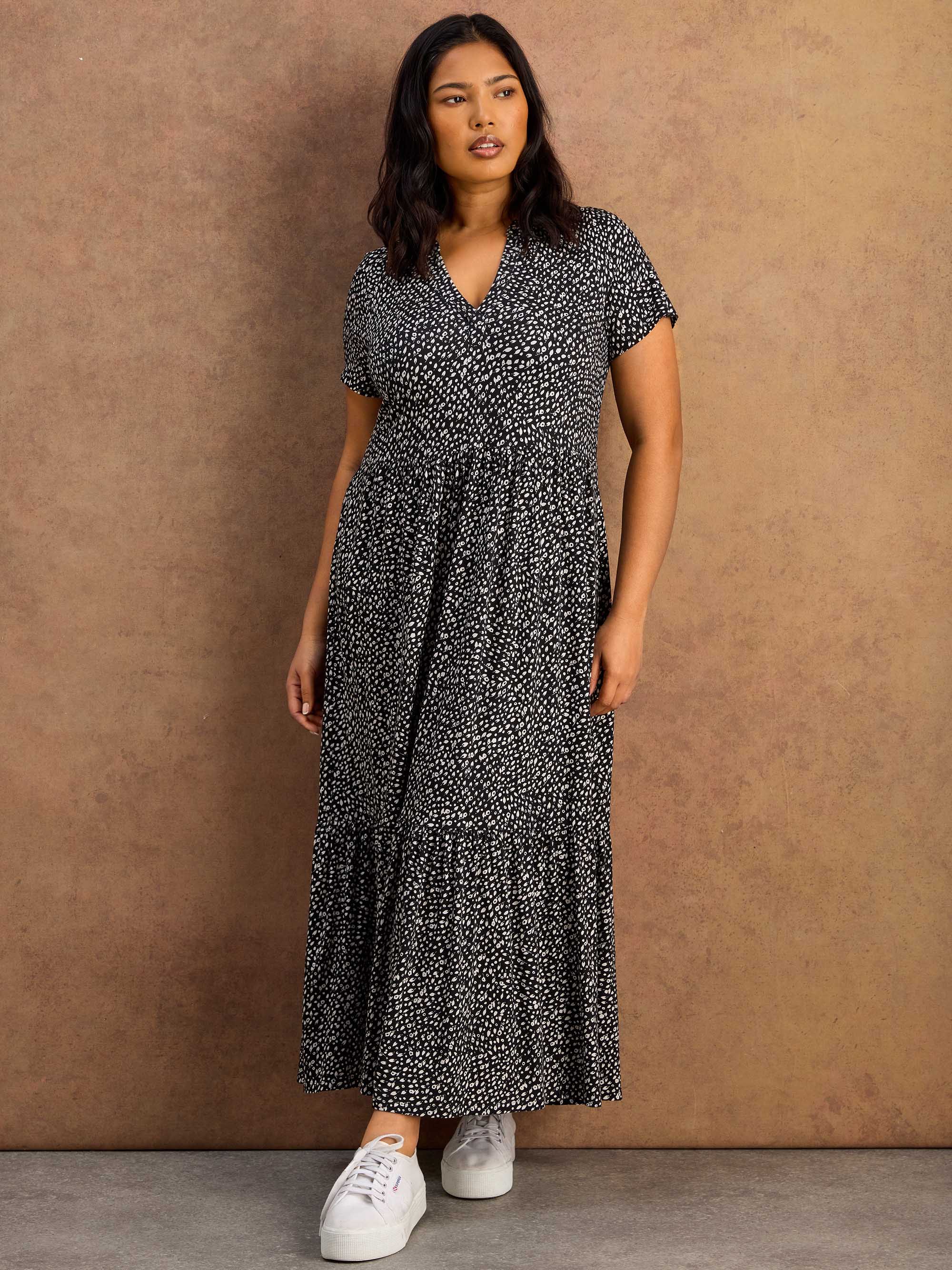 Black Ditsy Print Nehru Collar Tiered Jersey Maxi Dress
