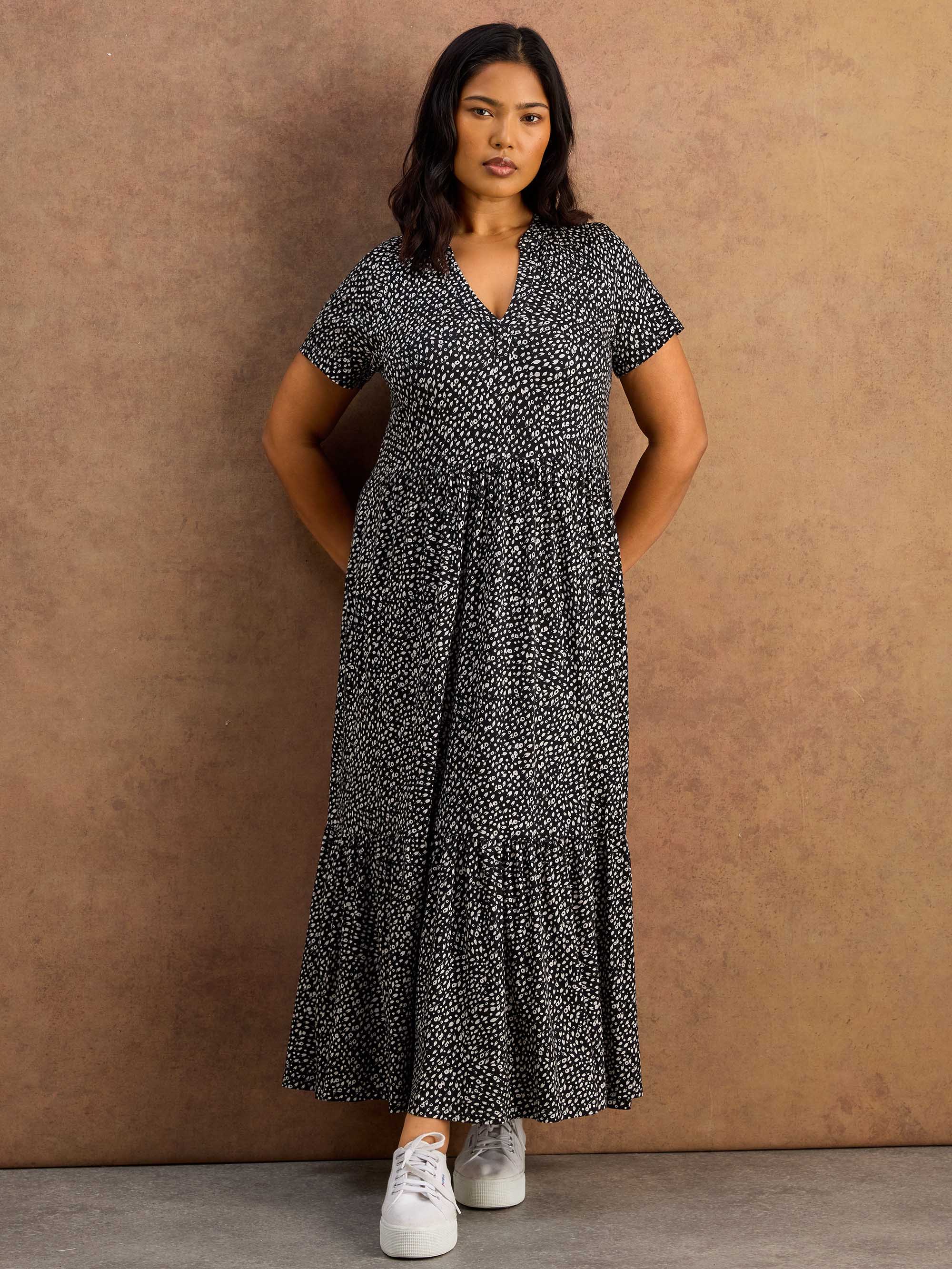 Black Ditsy Print Nehru Collar Tiered Jersey Maxi Dress