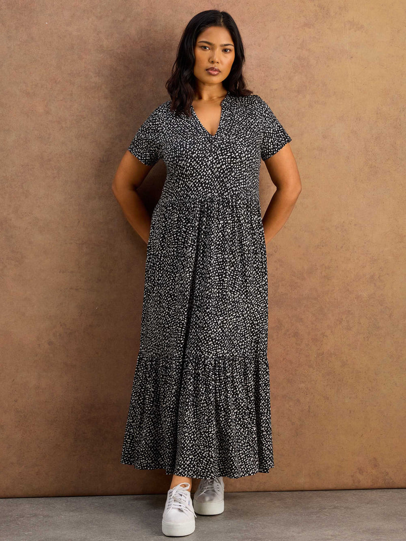 Black Ditsy Print Nehru Collar Tiered Maxi Dress