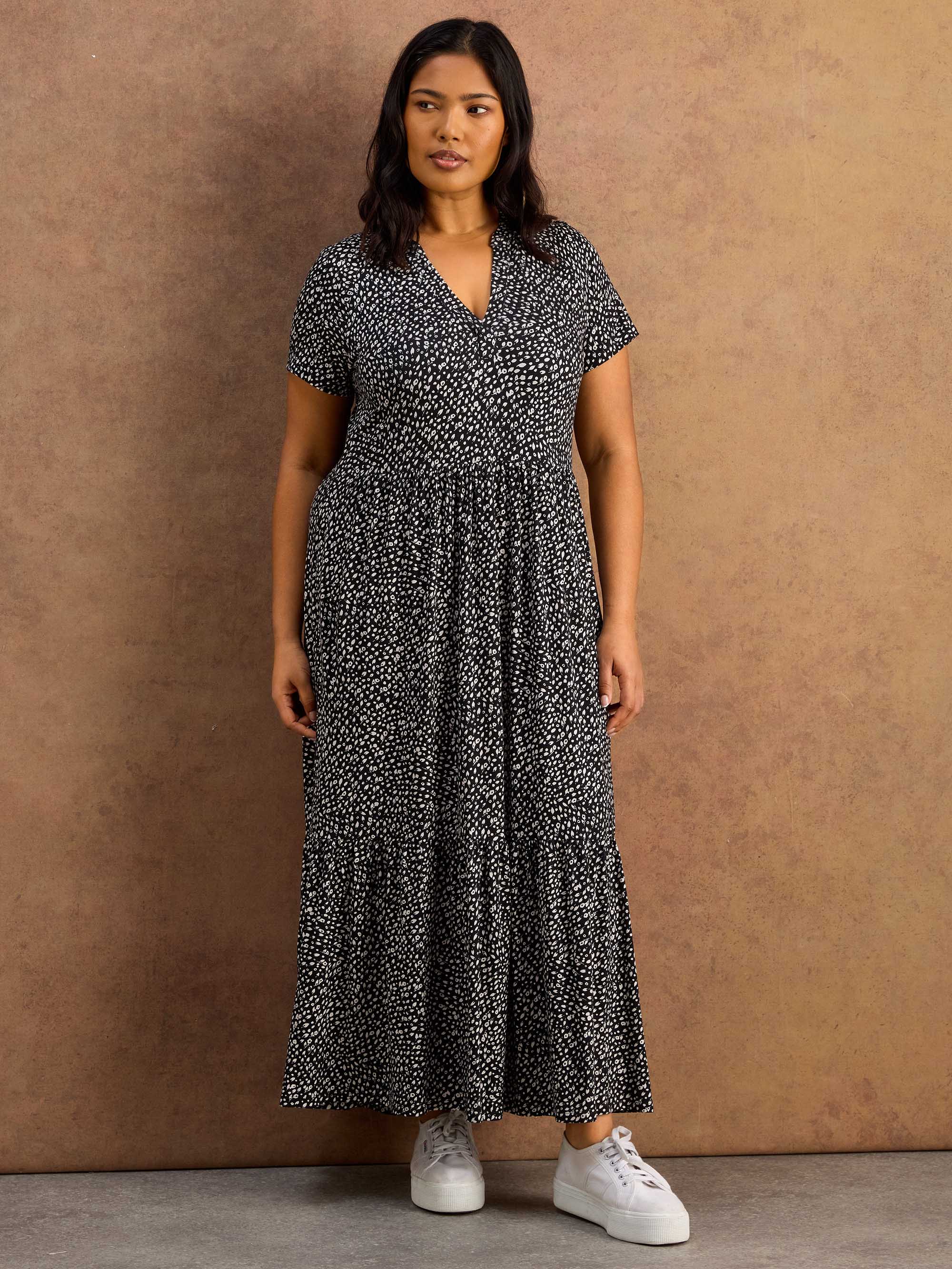 Black Ditsy Print Nehru Collar Tiered Jersey Maxi Dress
