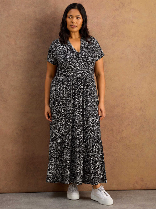 Black Ditsy Print Nehru Collar Tiered Maxi Dress