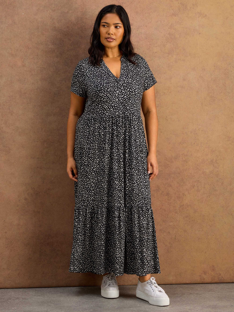 Black Ditsy Print Nehru Collar Tiered Maxi Dress