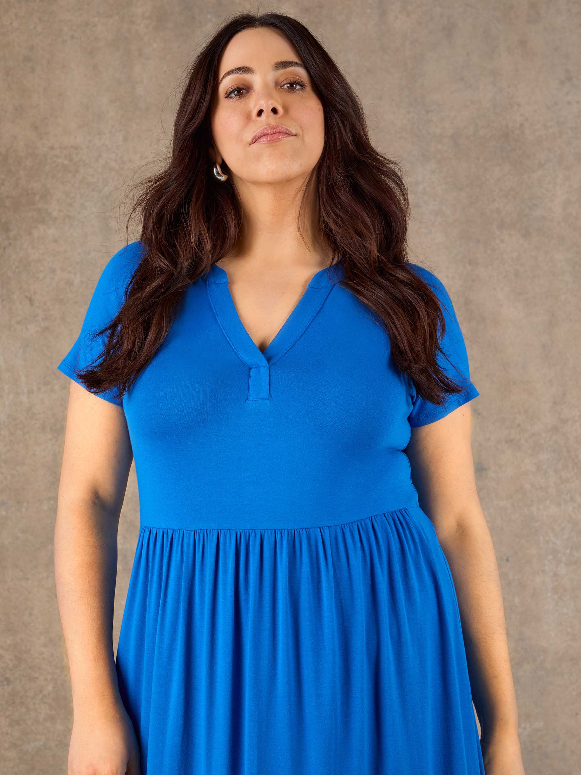 Woman wearing a blue dress against a brown background
