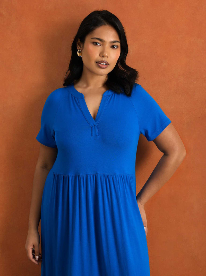 Blue Nehru Collar Tiered Maxi Dress