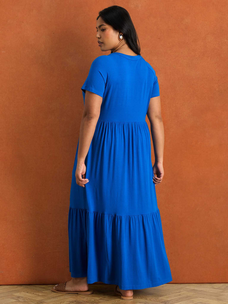 Blue Nehru Collar Tiered Maxi Dress