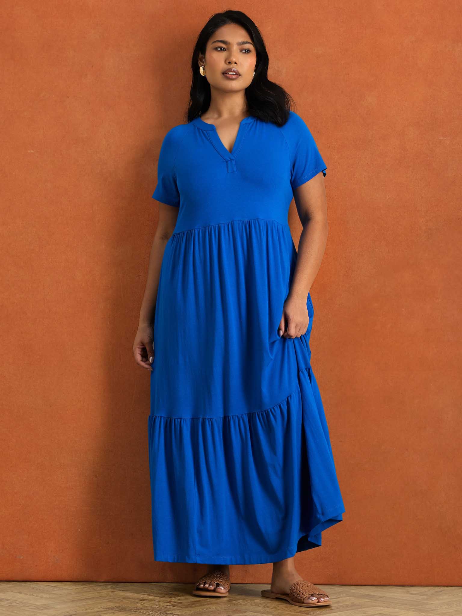 Blue Nehru Collar Tiered Maxi Dress