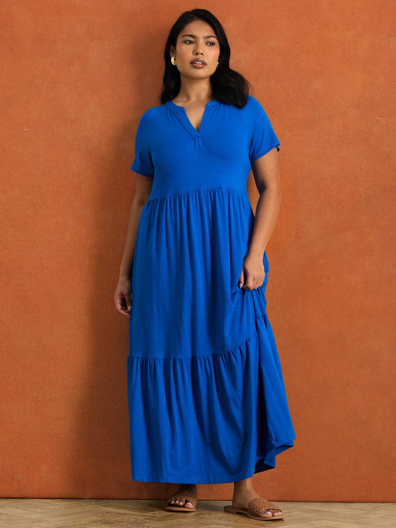 Blue Nehru Collar Tiered Maxi Dress