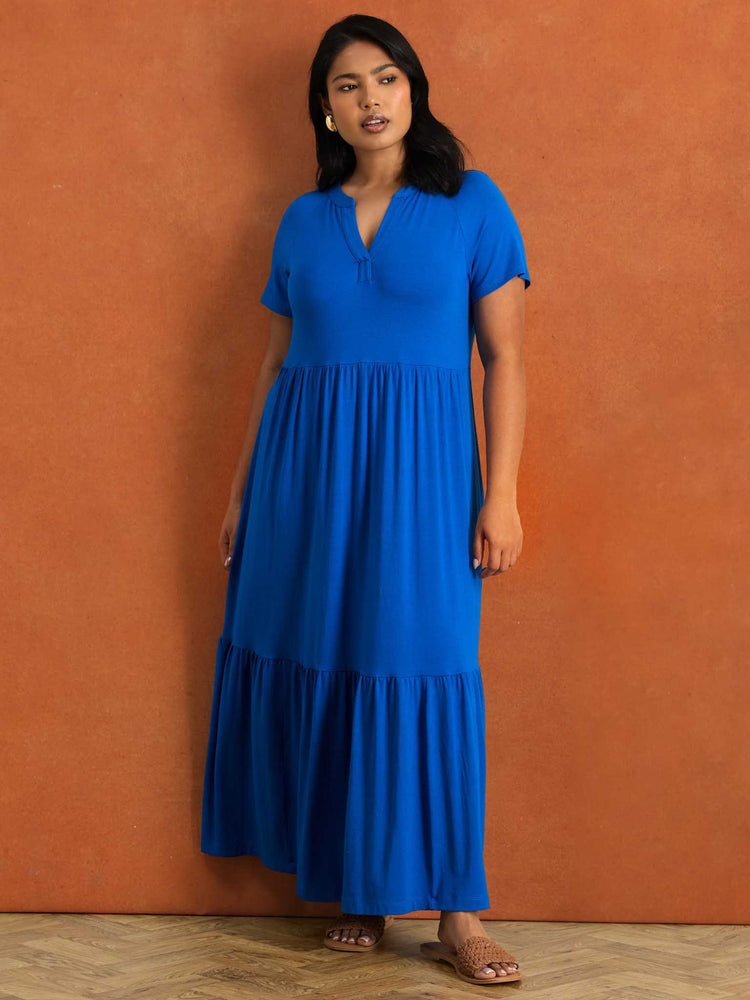 Blue Nehru Collar Tiered Maxi Dress