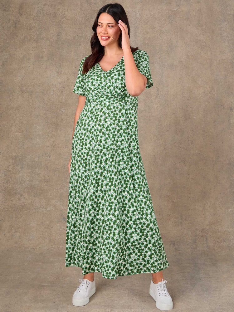 Plus size green ditsy twist wrap midaxi dress