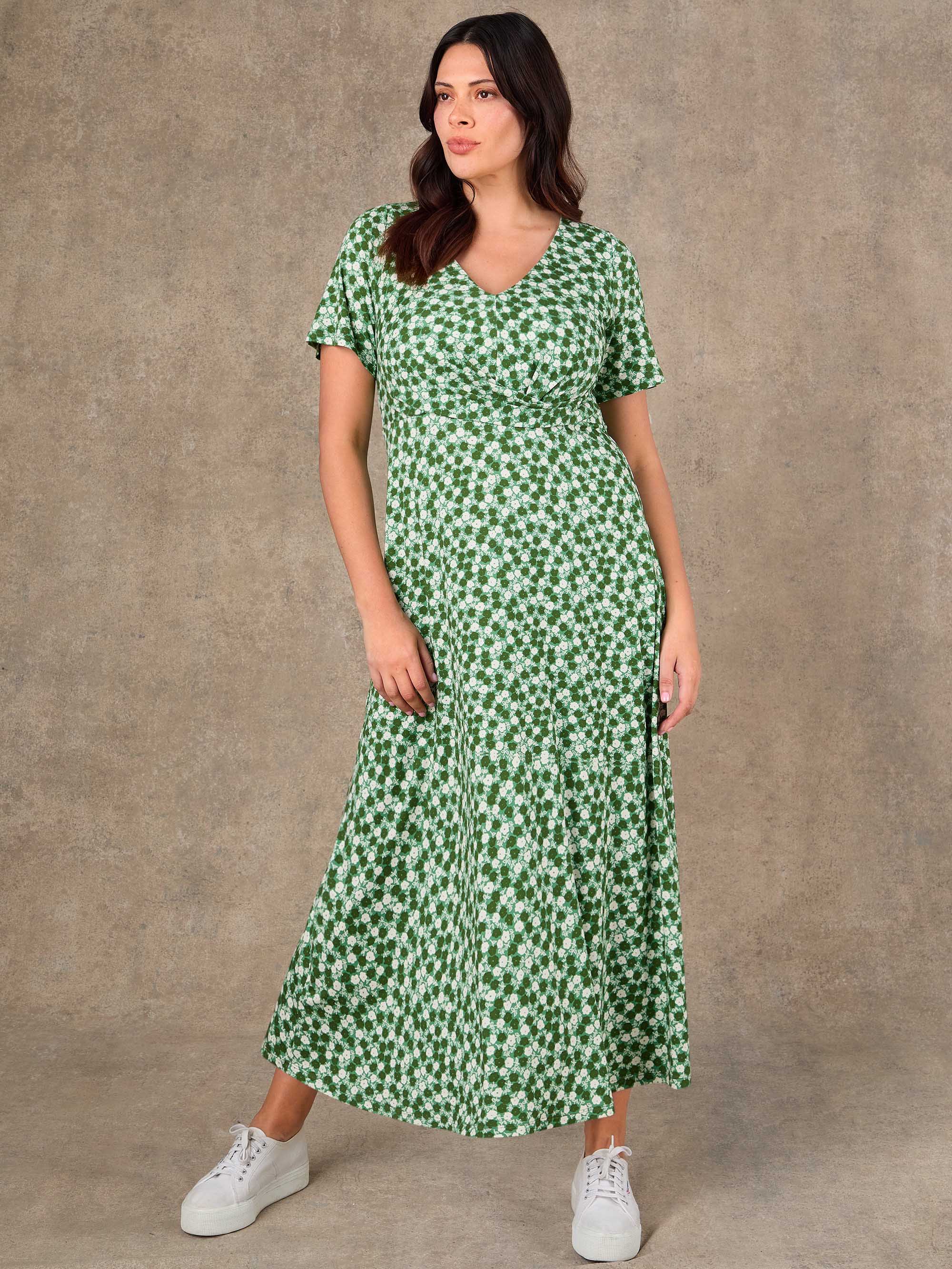 Plus size green ditsy print midaxi dress full length