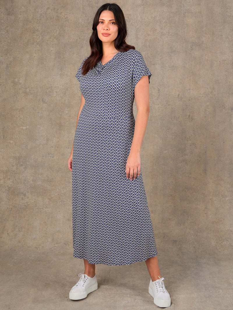 Petite Blue Geo Print Cowl Neck Jersey Midaxi Dress