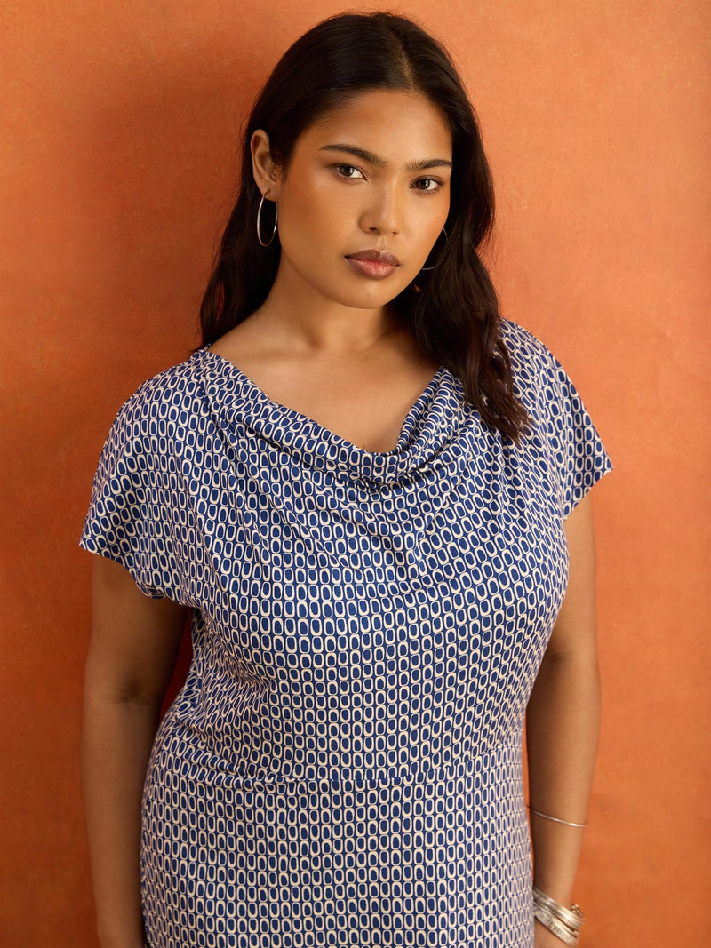 Blue Geo Print Cowl Neck Jersey Midaxi Dress