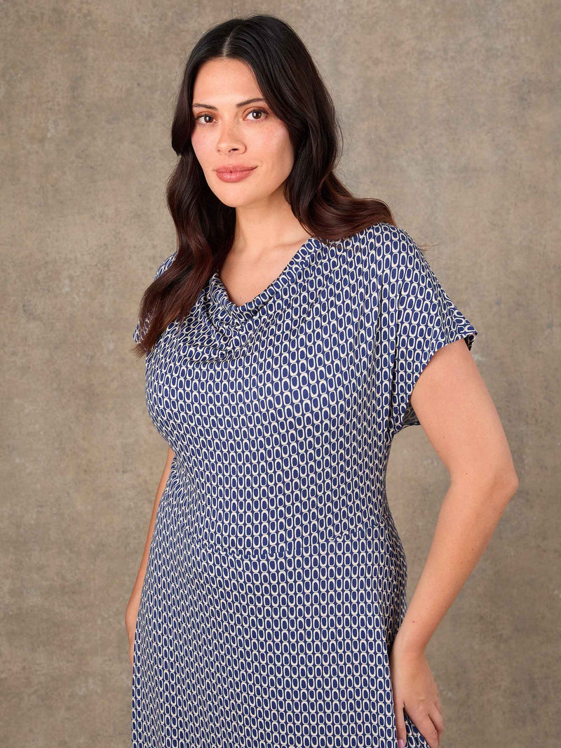 Navy and white printed cotton jersey dress with short sleeves
