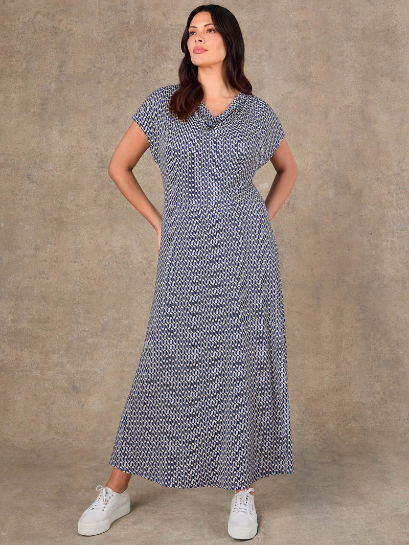 Petite Blue Geo Print Cowl Neck Jersey Midaxi Dress