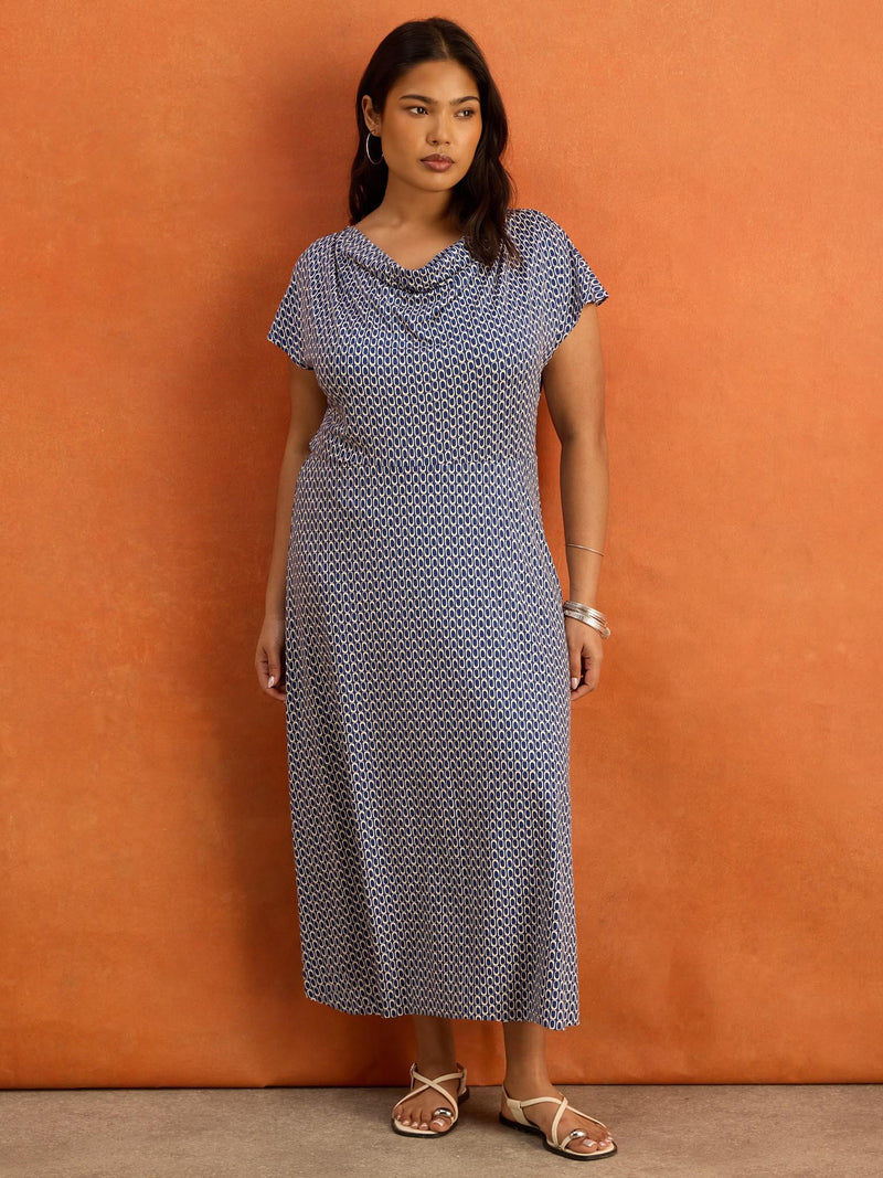 Blue Geo Print Cowl Neck Jersey Midaxi Dress