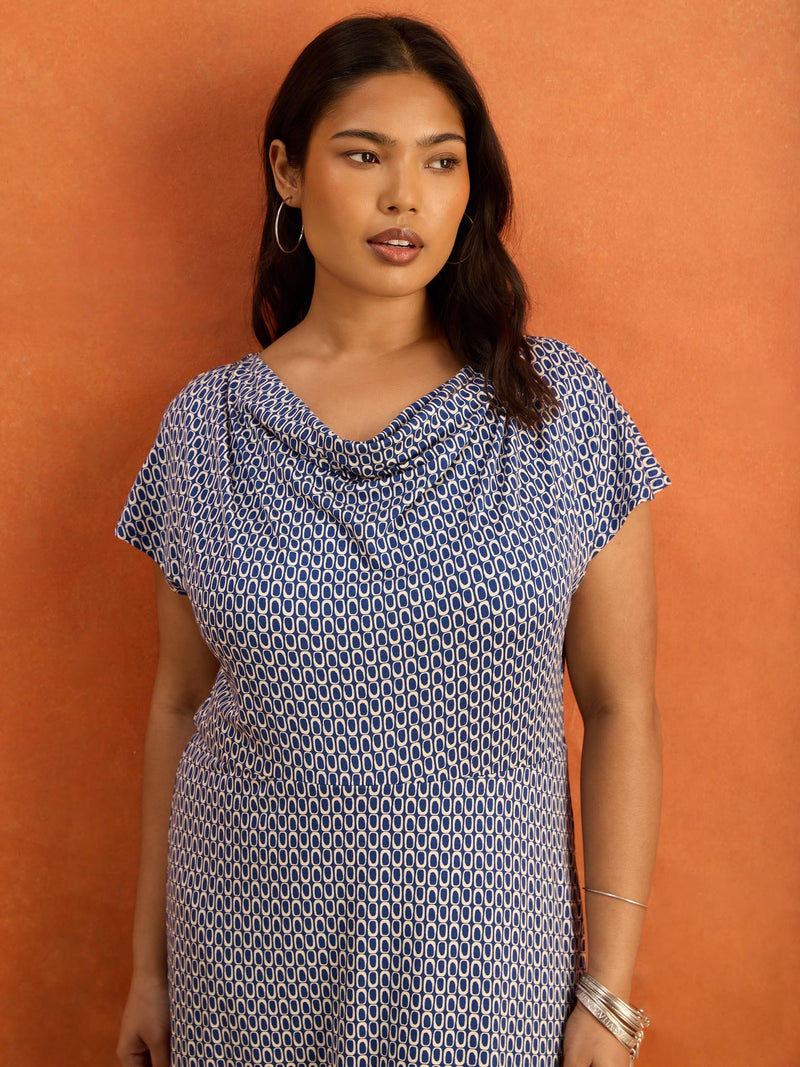 Blue Geo Print Cowl Neck Jersey Midaxi Dress