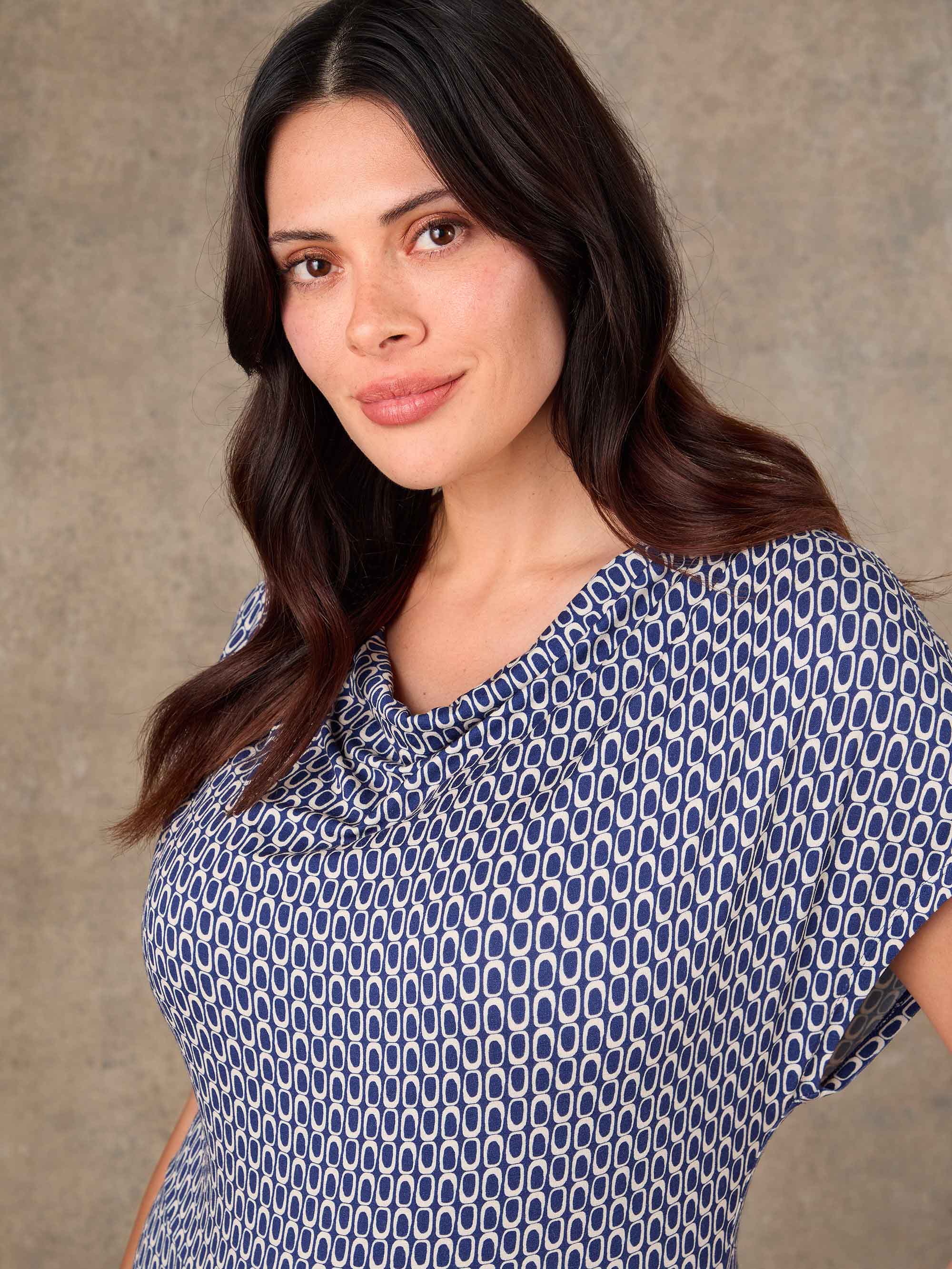 Navy geometric print casual midi dress with grown-on sleeves