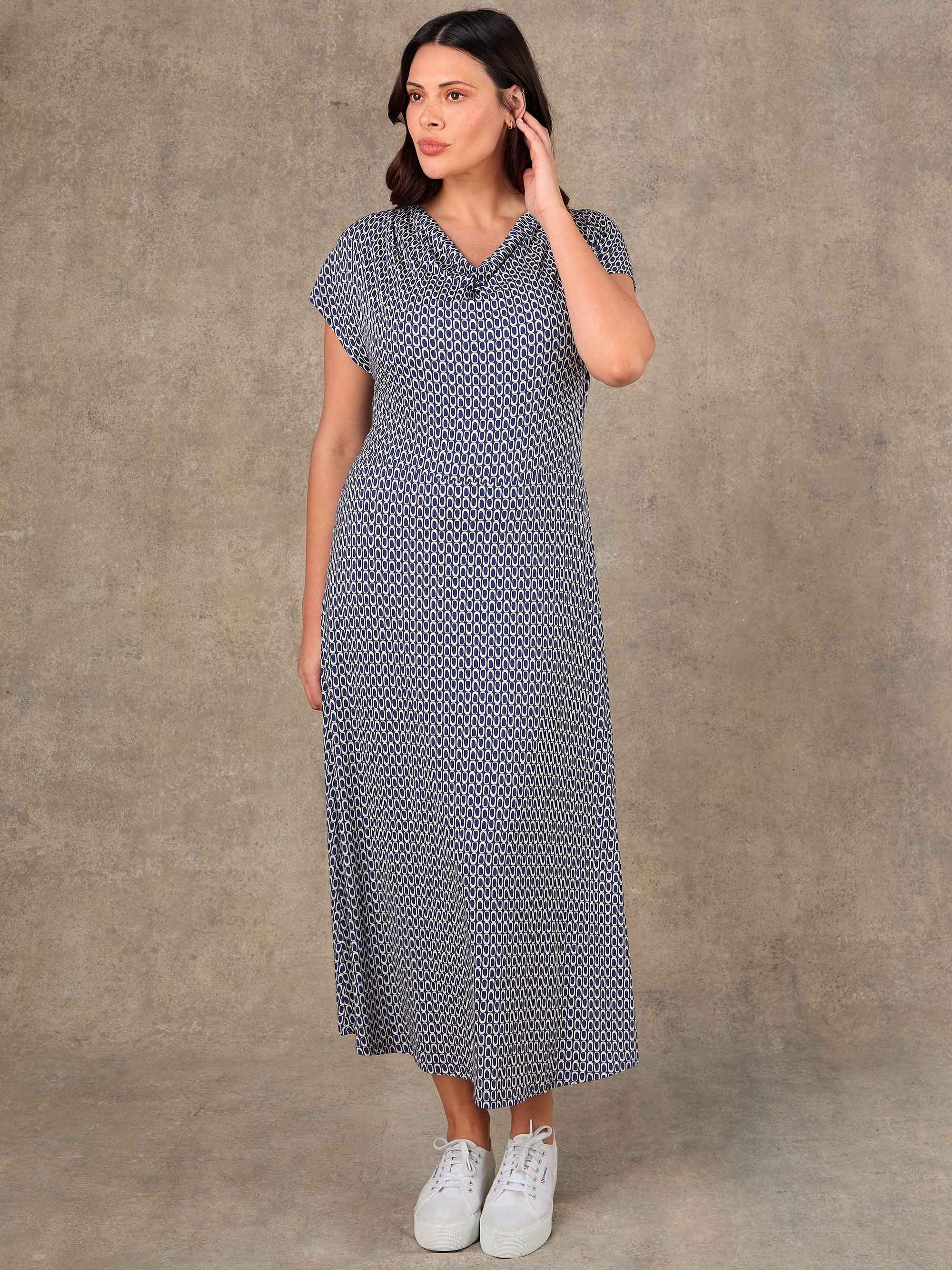 Navy and cream printed jersey dress with draped neckline