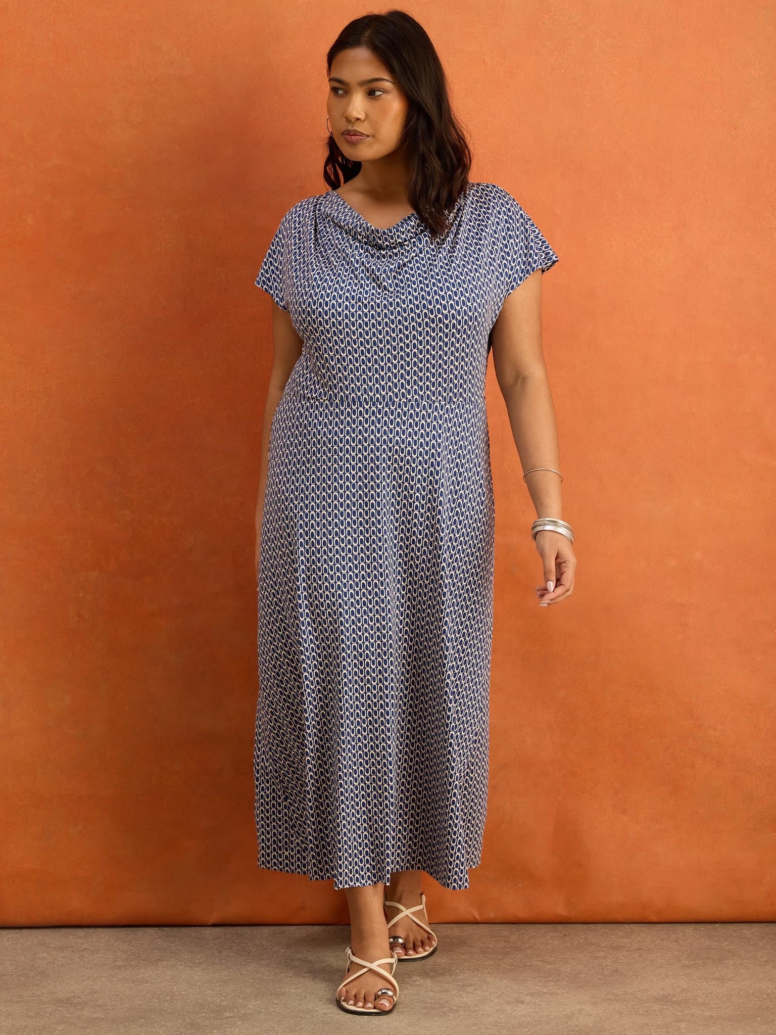 Blue Geo Print Cowl Neck Jersey Midaxi Dress