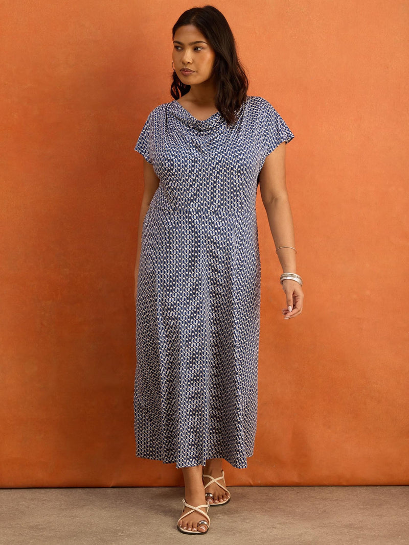 Blue Geo Print Cowl Neck Jersey Midaxi Dress