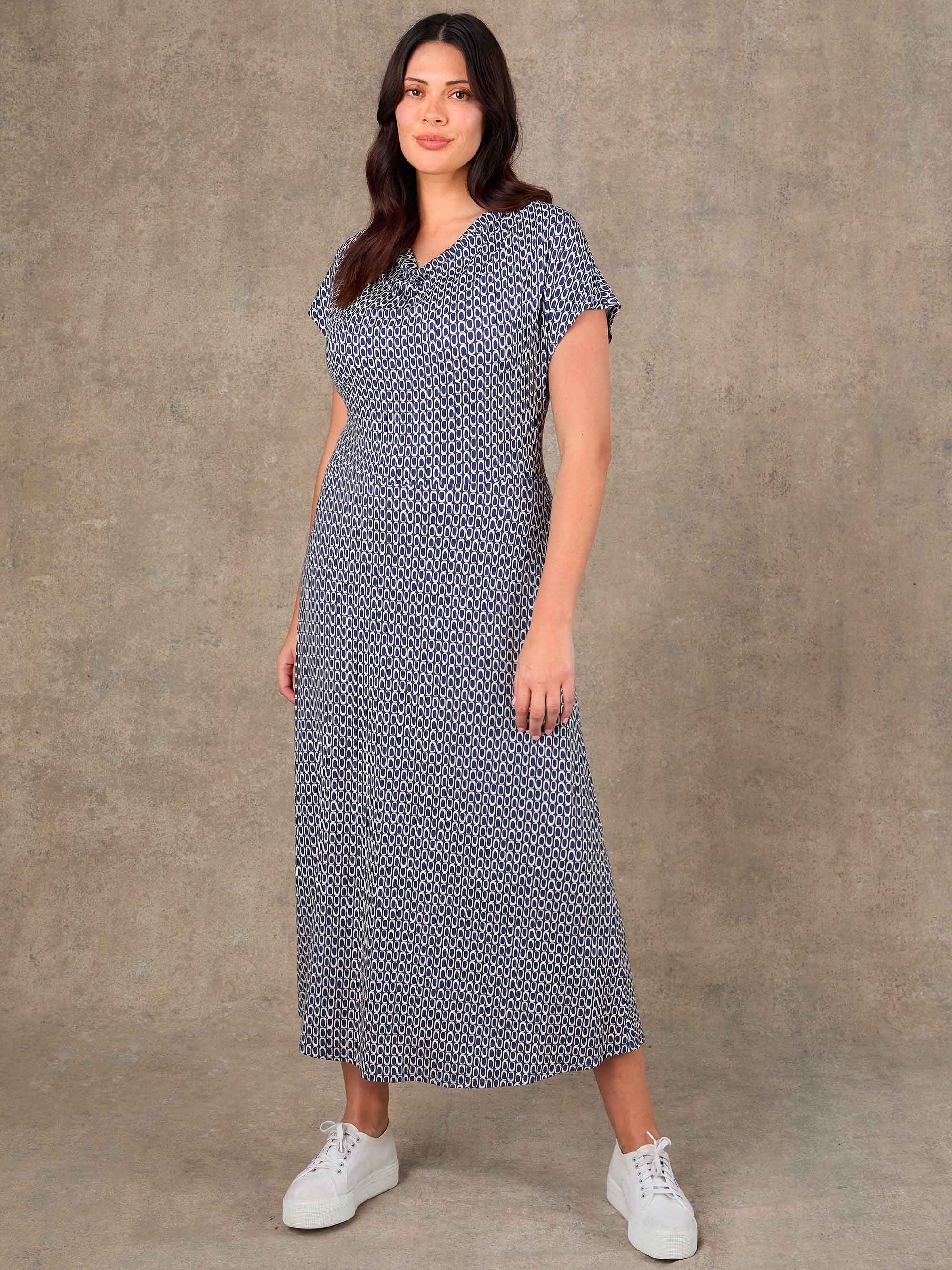 Navy geometric print cowl neck jersey midi dress