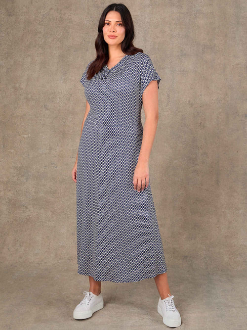 Navy geometric print cowl neck jersey midi dress